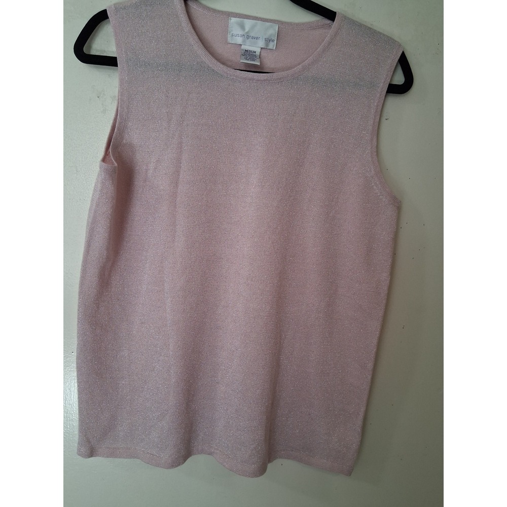 Susan Graver Style Pink Metallic Knit Sleeveless Shell Top A8411 Medium